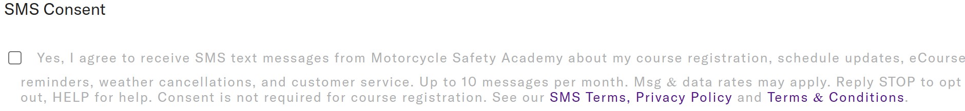 Close-up of SMS Consent checkbox disclosure language